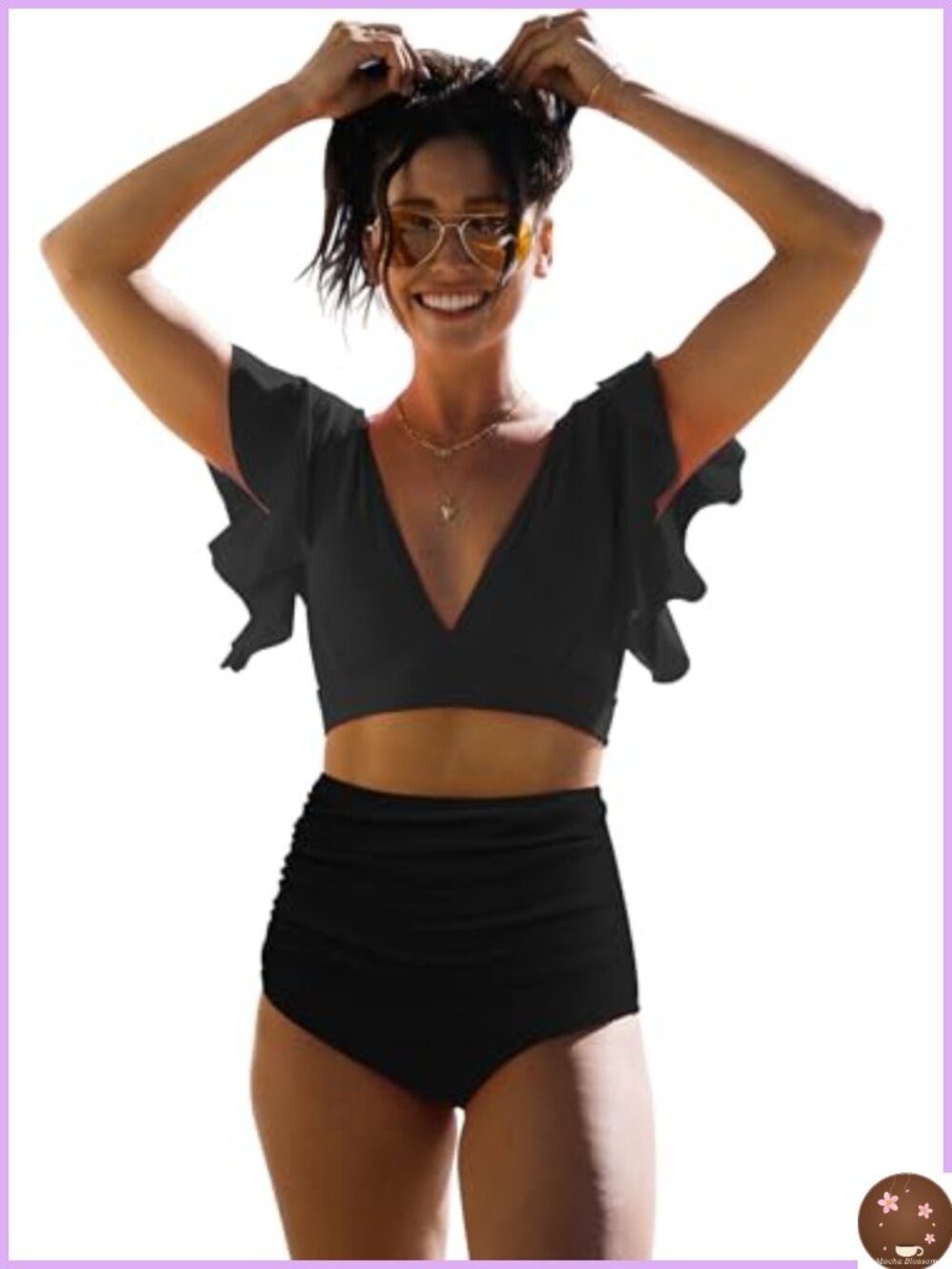Ruffle High Waist Bikini Set Padded Removable Cups UPF 15 Swimwear